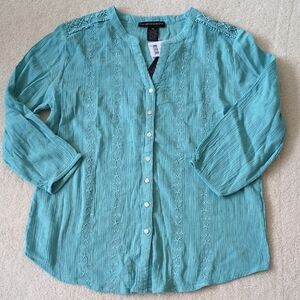 Preswick & Moore Shirt Coastal Beachy Button Up Gauzy Embroidered Turquoise